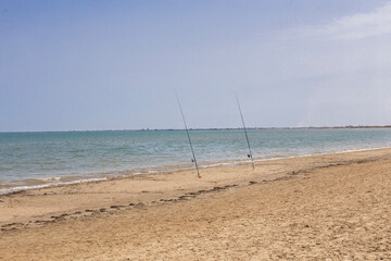 Two fishing rods planted on a sand beach shore on a summer holidays scene