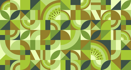 Abstract geometric background with kiwi fruit in Bauhaus style. Texture with simple repeating shapes, mosaic retro wallpaper. Seamless pattern. Vector illustration