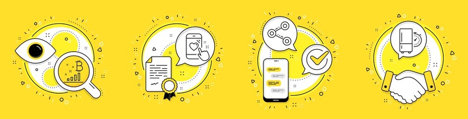 Share, Bitcoin graph and Heart rating line icons set. Licence, cell phone and deal vector icons. Refrigerator timer sign. Follow network, Cryptocurrency analytics, Phone feedback. Vector