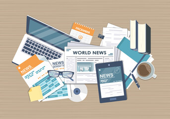 Wall Mural - Vector illustration. Flat header. Online news. Newsletter and information. Business and market news. Financial report and coffee on wooden table
