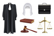 Law and justice. Right judge wooden hammer court decision prosecutor hairpiece black robes decent vector realistic set isolated