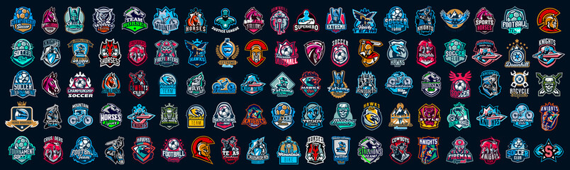 huge set of colorful sports logos, emblems. logos of knights, horses, superhero, soldier, skier, mou