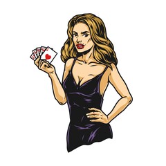 Wall Mural - Pretty poker girl holding playing cards