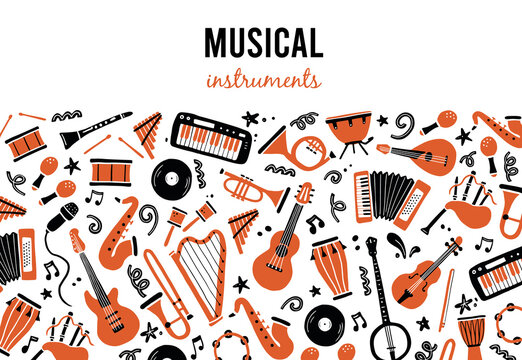 hand drawn banners template with musical instrument, guitar, saxophone. doodle sketch style. vector 