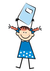 Wall Mural - girl at blue dress with workbook, funny vector illustration on white background