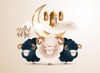 Wall Mural - Eid al-Adha vector illustration. Muslim holiday Eid al-Adha. sacrifice ram white and black sheep. graphic design decoration kurban bayrami. month lamb and lamp.Translation from Arabic: Eid al-Adha