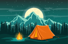 Family Adventure Camping Evening Scene.  Tent, Campfire, Pine Forest And Rocky Mountains Background, Starry Night Sky With Moonlight