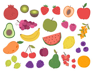 Wall Mural - Doodle fruit and berry. Abstract berries, strawberry juicy plants. Ripe raspberry blackberry dessert, fruits vitamins. Fresh food exact vector set