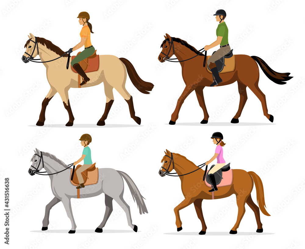 Man, woman, boy, girl riding horses vector illustration set, isolated. Family equestrian sport training horseback ride - obrazy, fototapety, plakaty 