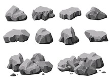 Cartoon Natural Stones. Boulder Rock, Stone And Rubble Pile. Isolated 3d Mountain, Gray Rough Granite Decoration Material Recent Vector Collection