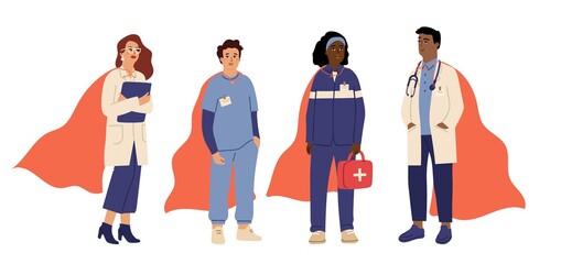 Wall Mural - Medical heroes team. Superhero doctors, emergency worker and nurse. Hospital staff in red cape vector characters