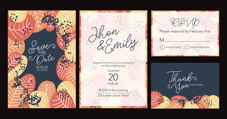 Wall Mural - Floral wedding Invitation card, save the date, thank you, rsvp template. Vector. 