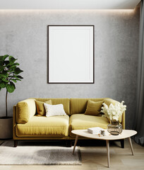 Home interior with poster frame mockup, yellow comfortable sofa on gray wall with wooden furniture and plant, 3d render