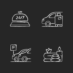 Sticker - Hotel services chalk white icons set on black background