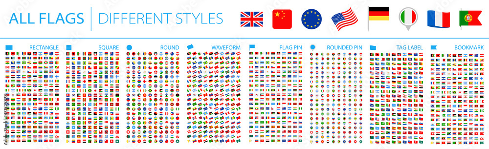 All World Flags - Big Set. Different styles. Vector Flat Icons - obrazy, fototapety, plakaty 