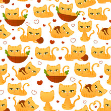 Cute Red Cat In Different Poses Seamless Pattern For Children Bedding Or Textile, Wrapping Paper In Cartoon Style