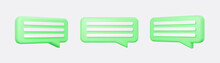 Green 3d Bubble Talks Set Isolated On Gray Background. Glossy Green Speech Bubbles, Dialogue, Messenger Shapes. 3D Render Vector Icons For Social Media Or Website