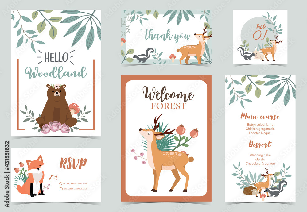 Collection of woodland background set with leaf,flower,animal.Editable vector illustration for website, invitation,postcard and poster.Thank you - obrazy, fototapety, plakaty 