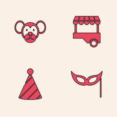 Wall Mural - Set Festive mask, Monkey, Fast street food cart and Party hat icon. Vector