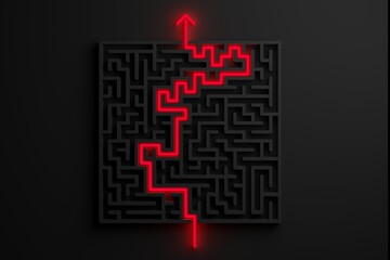 Wall Mural - red glowing path thru black maze or labyrinth over black background, success, strategy or solution c