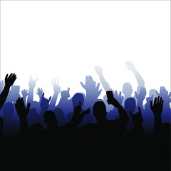 Vector illustration of a silhouette of a crowd of people with raised hands. Isolated image of people.