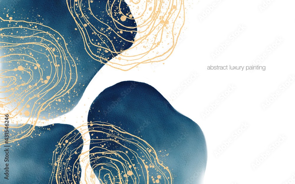 Abstract art luxury painting by beep blue round shape and gold glitter lines with text space for banner, background in luxury style. - obrazy, fototapety, plakaty 