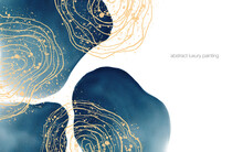 Abstract Art Luxury Painting By Beep Blue Round Shape And Gold Glitter Lines With Text Space For Banner, Background In Luxury Style.