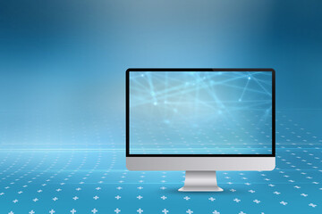 Abstract blue background design with a modern monitor and connecting lines