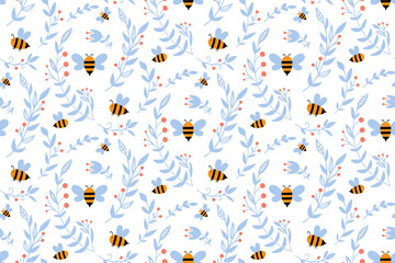 Vector nursery seamless pattern with honey bee