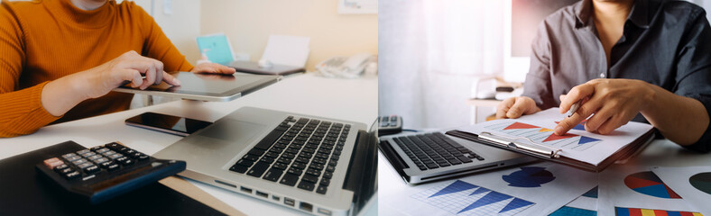 businesswoman hand using smart phone, tablet payments and holding credit card online shopping, omni channel, digital tablet docking keyboard computer at office in sun light