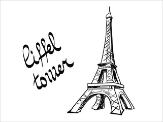 the eiffel tower is drawn with black lines on a white background. lettering eiffel tower isolated on