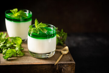 Wall Mural - Dessert Panna Cotta with green mint sauce and fresh mint on dark background