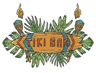 Sticker - Design of trendy hawaii surf for tiki bar. Traditional ethnic surfing of hawaiian, maori or polynesian. Old tribal board