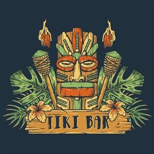 Design Of Trendy Hawaii Wooden Tiki Mask For Surfing Bar. Traditional Ethnic Idol And Hawaiian Surf, Maori Or Polynesian. Old Tribal Totem