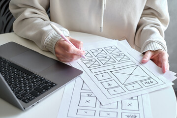Wall Mural - woman designer create website design wireframe. sketch, prototype, framework, layout future design p