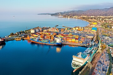 Batumi, Georgia - May 1, 2021: Aerial view of the seaport