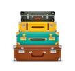 Pile vintage suitcases. Realistic old fashioned colorful briefcases stack, travel bags pyramid, ream luggage with locks and handles. Vacation symbol. Vector isolated on white concept