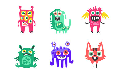 Canvas Print - Cute Cartoon Monsters with Smiling Faces and Funky Shapes Vector Set