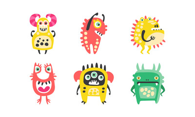 Canvas Print - Cute Cartoon Monsters with Smiling Faces and Funky Shapes Vector Set