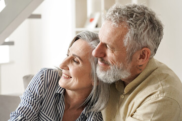 Happy older mature classy couple hugging, bonding, thinking of good future. Carefree mid age couple looking away dreaming together, enjoying comfort and wellbeing, feeling hope and pleasure at home.