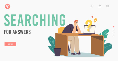 Wall Mural - finding answer, creative idea research landing page template. business man sit at desk with laptop a