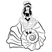 Pretty Little Girl In Vintage Dress Sitting On A Spiral Sea Shell. Black And White Silhouette. Creative Concept.