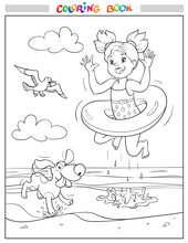 Black And White Coloring Book Or Illustration. Joyful Girl And Dog Are Jumping Into The Sea On The Beach, A Seagull Is Flying In The Sky.