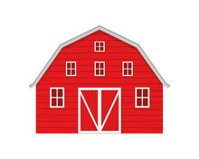 Red Wooden Barn Isolated On White Background. Farm Warehouse With Big Door And Windows. Front View. Vector Cartoon Illustration.