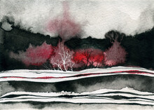 Black And White Ink Winter Landscape With Red Trees And River. Minimalistic Hand Drawn Watercolor Illustration For Card, Background, Poster. Hand Drawn Watercolor Lines.