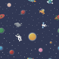 Wall Mural - cosmic fabric for kids. astronaut with rocket and