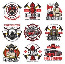 Firefighting Icons, Fire Service Retro Emblems. Fire Department Station Truck, Fireman In Helmet And Gasmask, Water Hydrant, Axes. Firefighters Maltese Cross Vintage Badges With Rescue Team Equipment