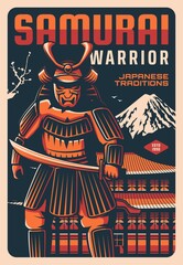 Samurai with sword vector design with ancient warrior of Japan. Retro poster of Japanese soldier with katana, mask and armor helmet kabuto, Asian temple pagoda, Fuji mountain and sakura branch