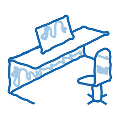 Sticker - office table chair and computer doodle icon hand drawn illustration