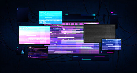 Futuristic server room with screens glitch effect. Dark cyberspace with burning monitors, wires and working equipment. Cyberpunk server room with monitors. Hacking and cyber protection concept. Vector